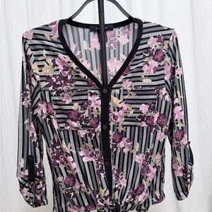 Mccoy Black and White Striped Floral Blouse